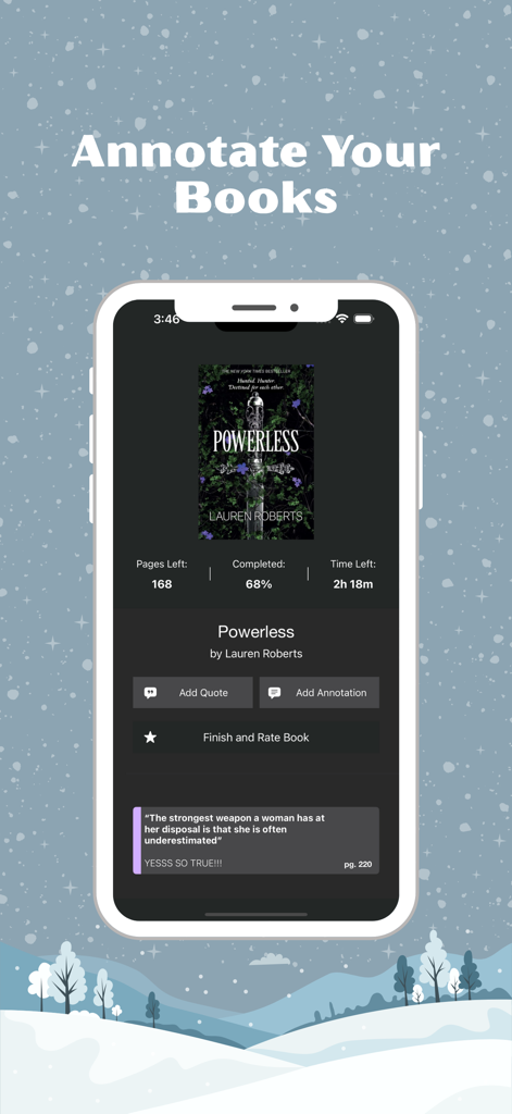 TBR Bookshelf app interface showing how to annotate books and track reading progress
