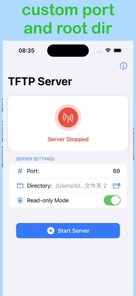 TFTP Server Mobile app interface showing customizable port and root directory settings on an iPhone