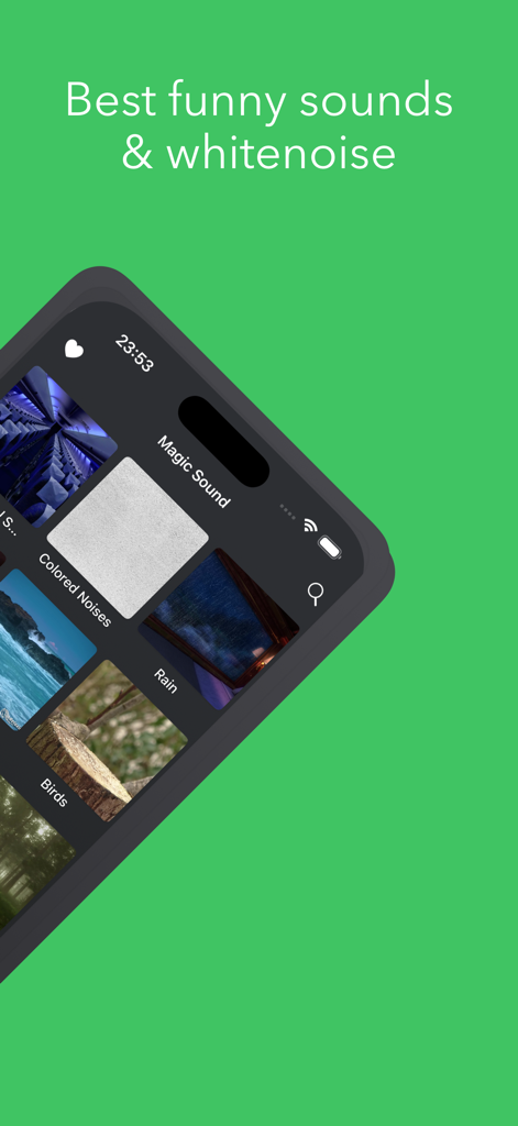 Magic Sound Pro app interface with funny sounds and white noise options