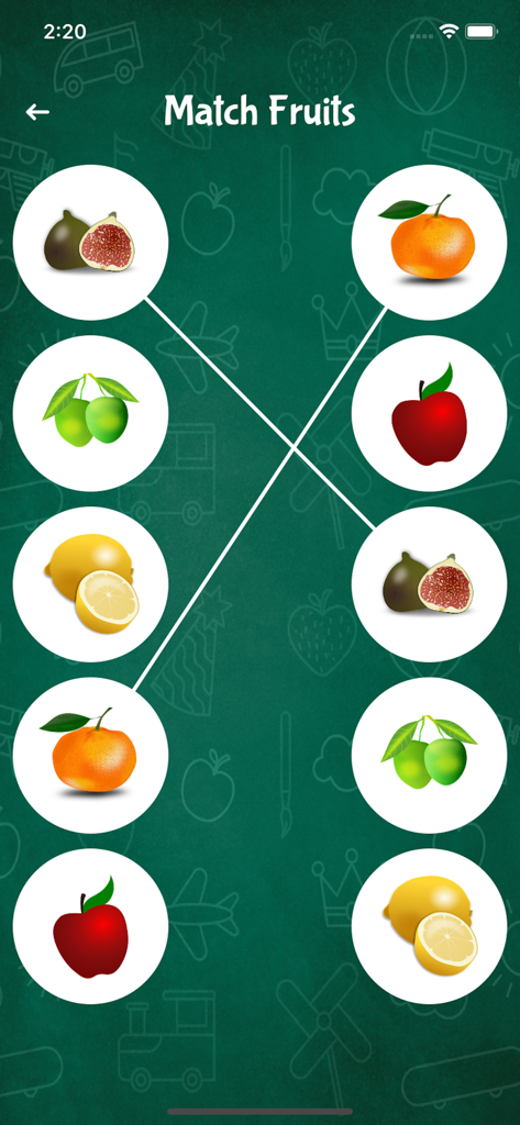 Match It - Fun Learning Game - Preschool fruit matching game screen with colorful fruit icons and connecting lines on a green background.