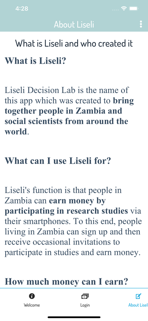 Screenshot della pagina 'Informazioni su Liseli' che spiega lo scopo dell'app per la ricerca e il guadagno in Zambia.