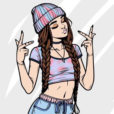 realistic teenage girl with braids and a beanie and crop top doing 🫶🏼