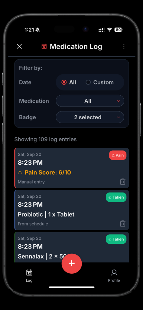 MyMed Alarms - Tela de registro de medicamentos mostrando um histórico codificado por cores de doses tomadas e pontuações de dor
