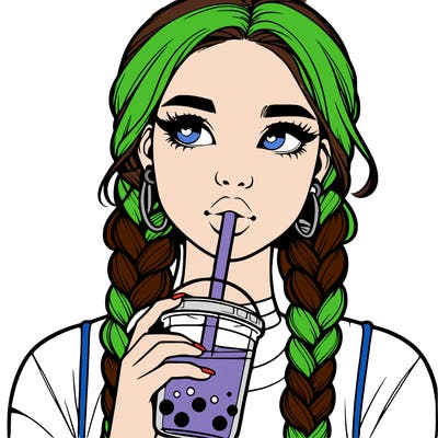 realistic girl with braided hair drinking boba