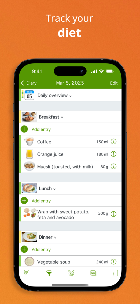 A daily food diary screen in the Natural Food Guide app showing tracked meals and portions for breakfast lunch and dinner.