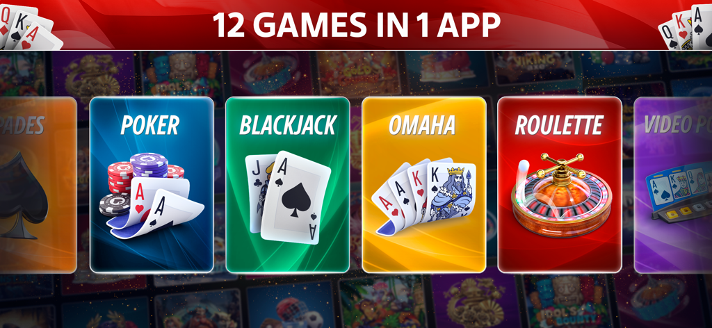 A display showing twelve different casino games available in one app including Poker, Blackjack, Omaha, and Roulette