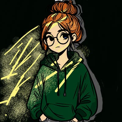 teen girl with a messy bun and glasses wearing a loose hoodie and jeans