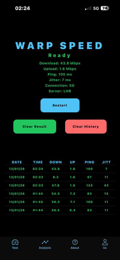 Interfaz de la aplicación Warp Speed que muestra resultados de prueba de velocidad de internet 5G y una tabla de historial local
