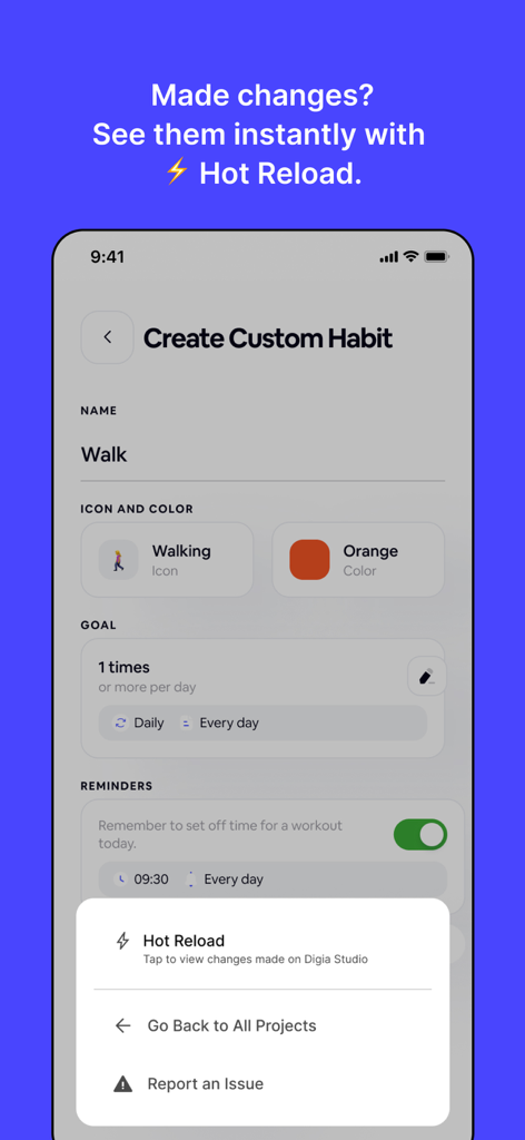 Digia Preview App-Oberfläche, die die Hot-Reload-Funktion und den Bildschirm zur Gewohnheitsbildung anzeigt