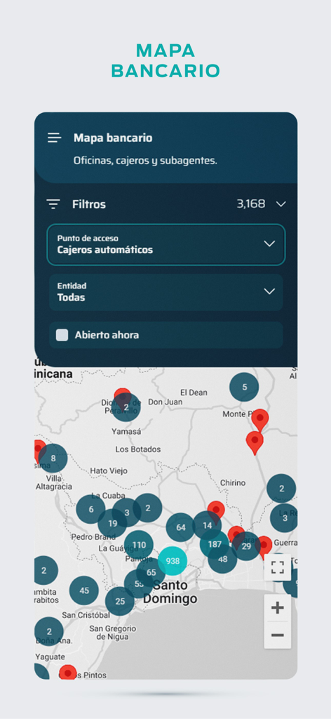 ProUsuario app banking map interface showing a map of Santo Domingo with bank and ATM locations