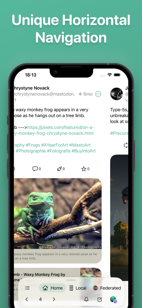 Pipilo - Pipilo app interface on iPhone showing its unique horizontal scrolling social media timeline with a post about a frog