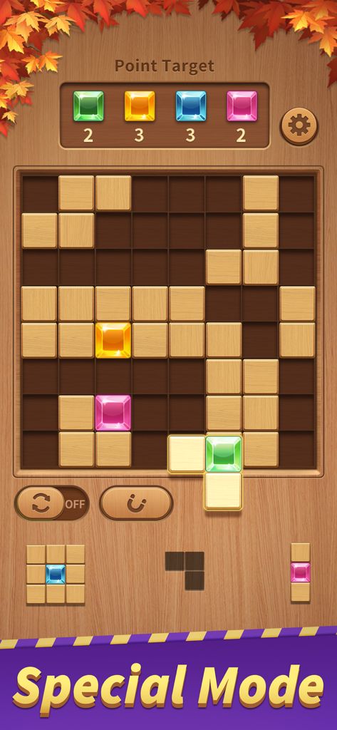 Bildschirm eines Holzblock-Puzzle-Spiels, der einen speziellen Modus mit bunten Zielscheiben und einem Holzbrett zeigt.