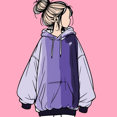 realistic girl with a oversized sweatshirt on and a bun