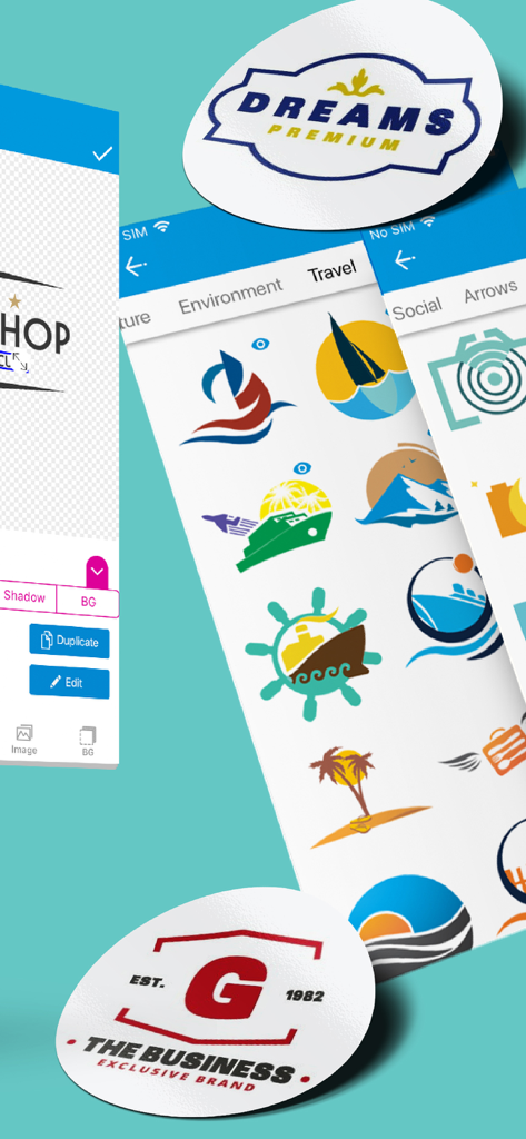 Mobile app interface showing various travel logo templates and circular branding stickers