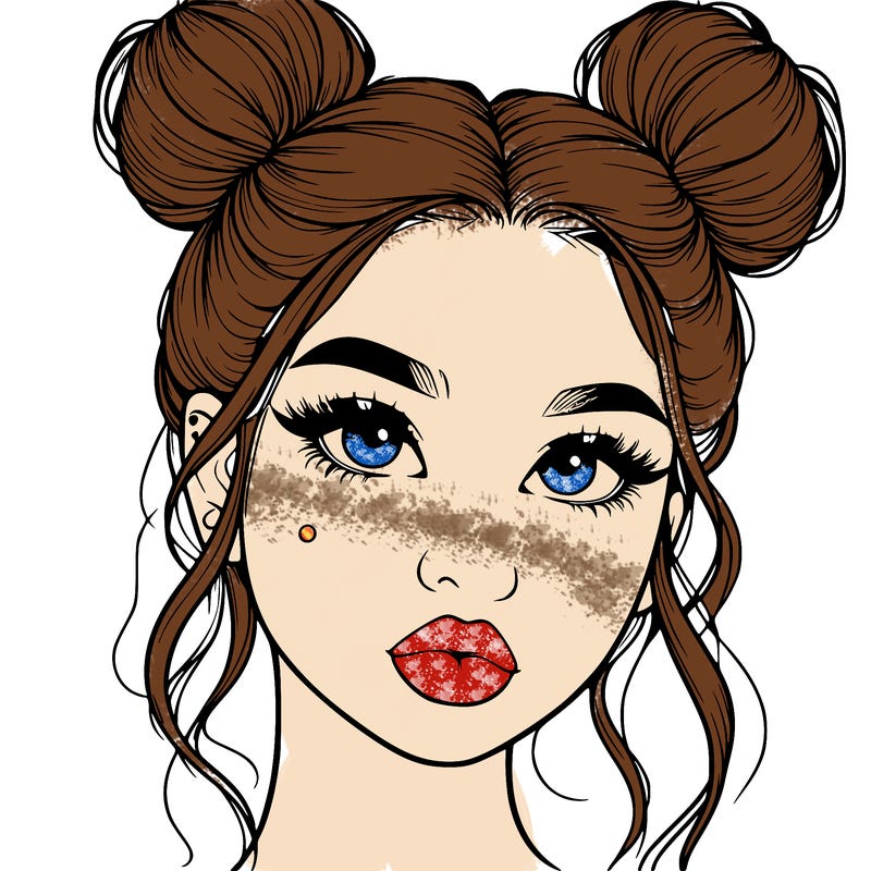 realistic girl with two buns on her hair and lips