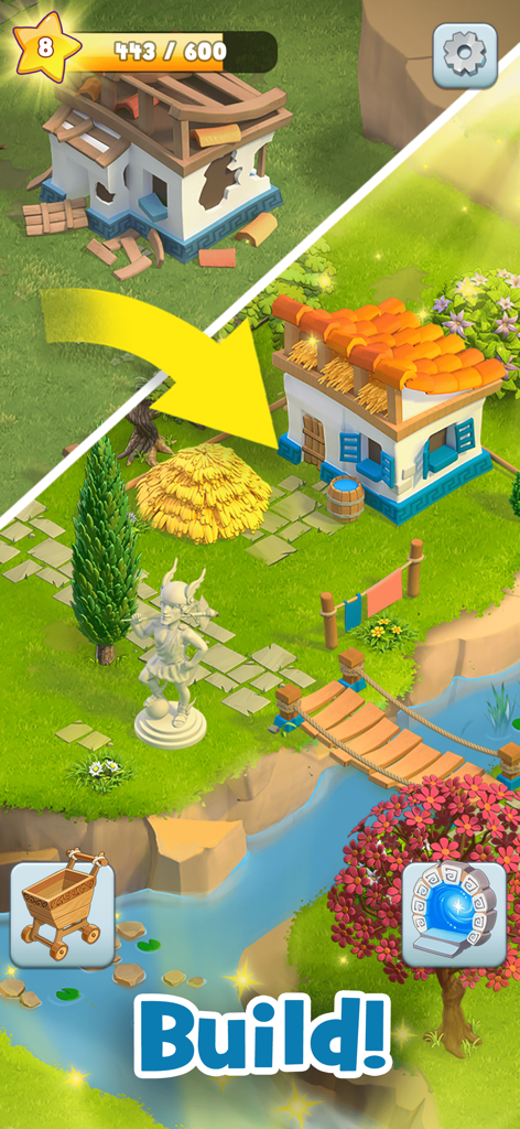 Land of Legends: Family farm - Um edifício em ruínas a ser restaurado numa casa de estilo mediterrânico grego em Terra das Lendas