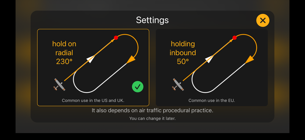 IFR Holding Pattern Trainer - Settings screen for choosing between US UK and EU holding pattern procedural conventions