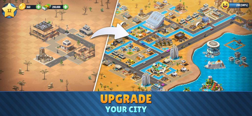 Una comparación de antes y después que muestra la progresión de un pequeño asentamiento desértico a una próspera metrópolis costera