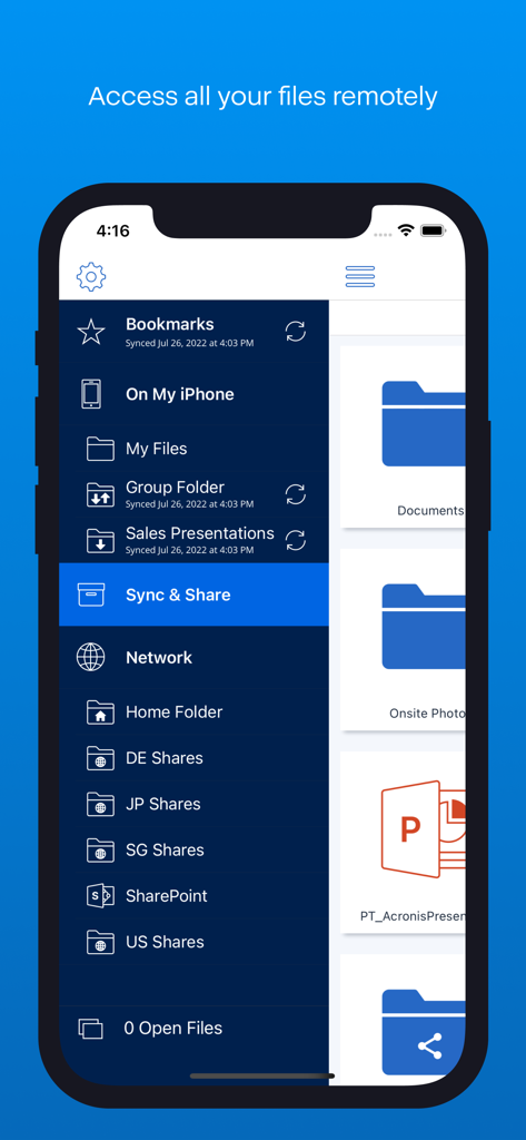 Acronis Cyber Files - Acronis Cyber Files app sidebar menu showing remote file access options on an iPhone