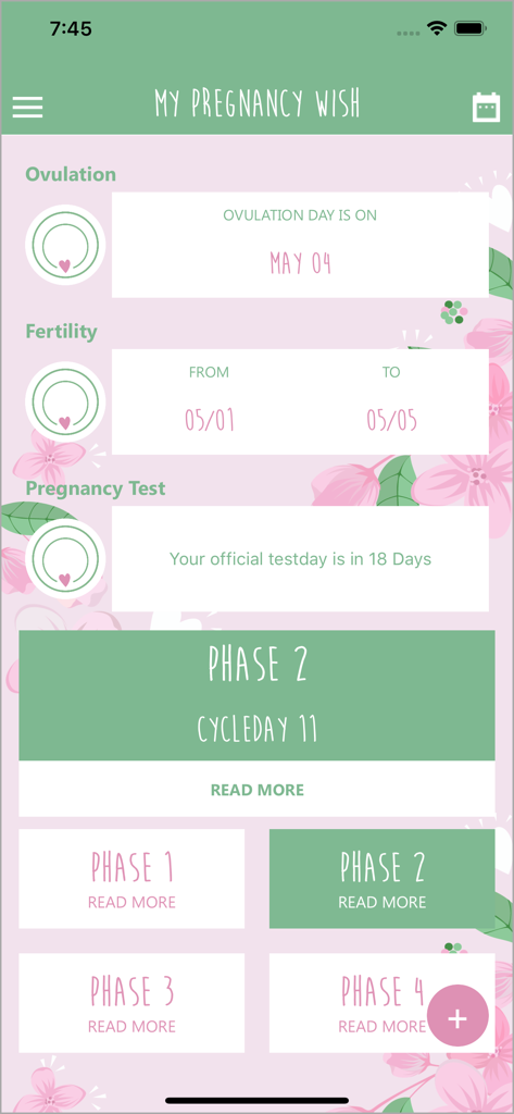 My Pregnancy Wish - Dashboard of the My Pregnancy Wish app showing fertility cycle phases and ovulation dates