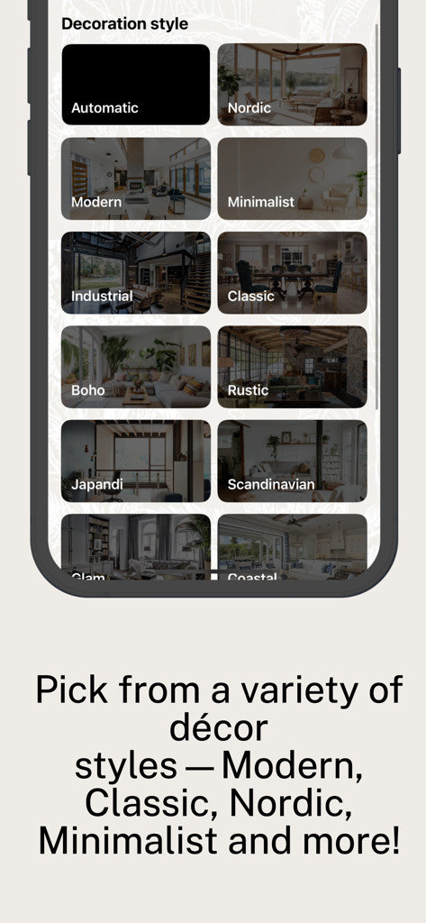 Interior Design AI: Roomify - A selection of various interior decoration styles in the Roomify app