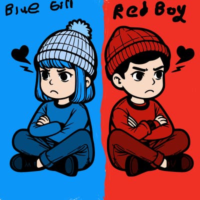 two realistic people sitting together that are mad at each other