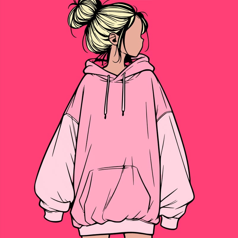 realistic girl with a oversized sweatshirt on and a bun