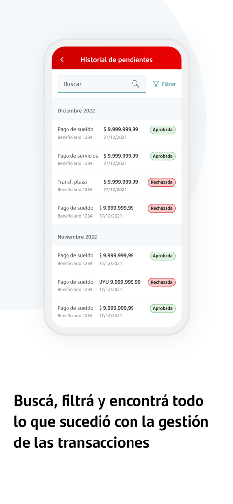 Santander Empresas Uruguay - Transaction history screen of the Santander Empresas Uruguay app showing approved and rejected payments