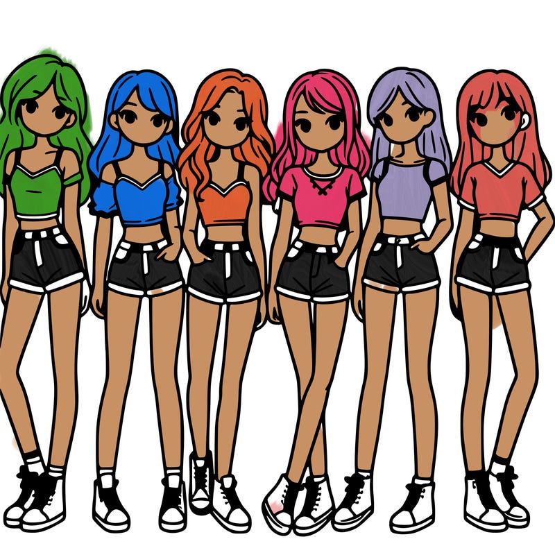 a group of girls wearing crop tops and shorts