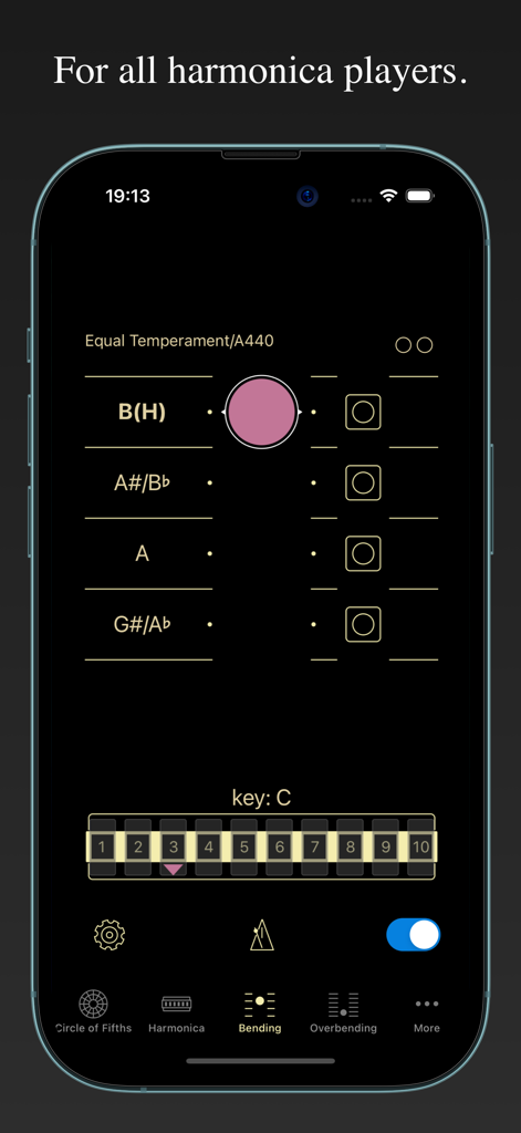 Real-time visual pitch feedback interface for practicing harmonica bending on a 10-hole diatonic harmonica.