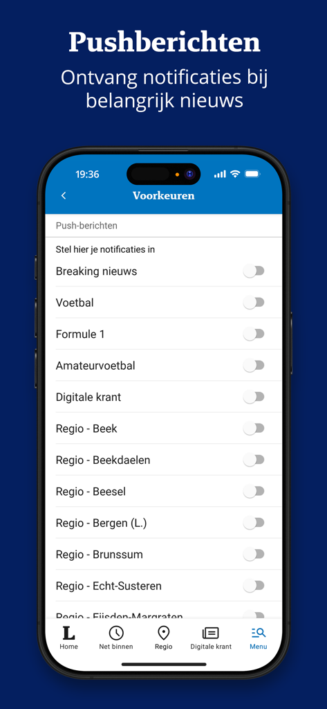 Tela de configurações de notificação push do aplicativo de notícias De Limburger para alertas regionais e baseados em tópicos