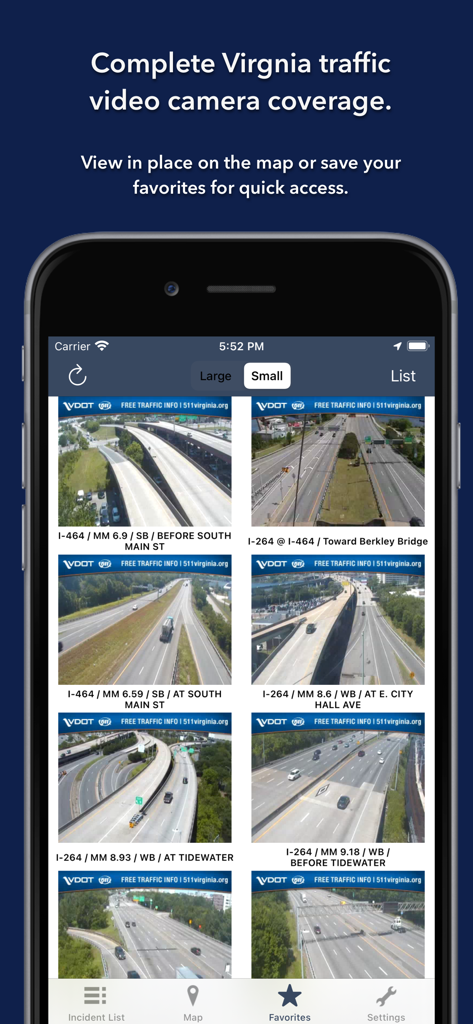 A mobile app interface displaying a grid of live highway traffic cameras in Virginia.