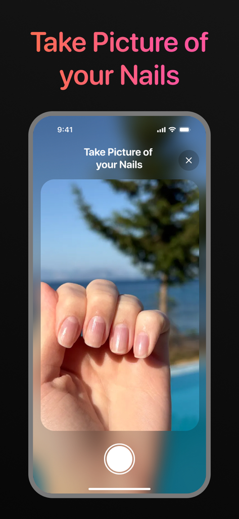 Smartphone screen showing the camera interface of the Nail Diva app to take a picture of nails for virtual try-on.