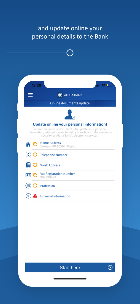 Écran de l'application mobile myAlpha pour la mise à jour en ligne des informations personnelles et financières.