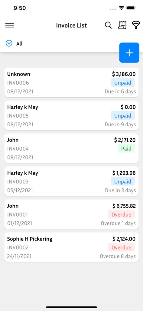 Easy Invoice & Estimate Maker - Mobile app interface showing a list of business invoices with paid unpaid and overdue status labels