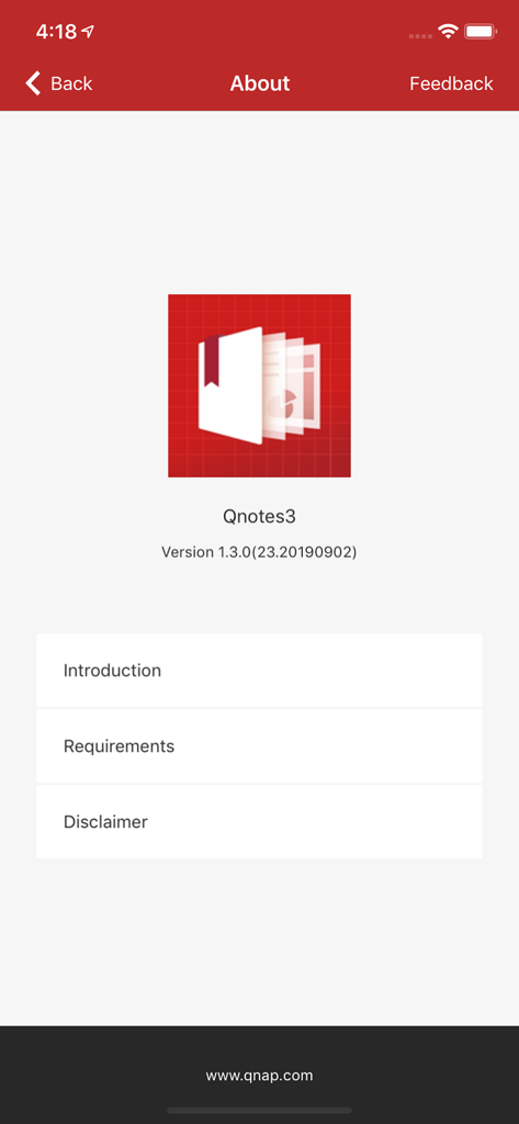 About page of the Qnotes3 app showing version number and information links