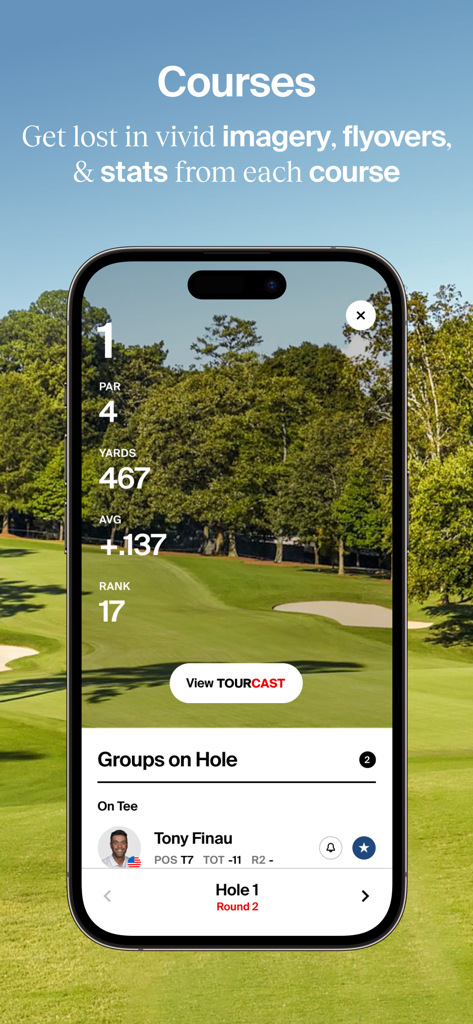 PGA TOUR app screenshot showing detailed golf course stats and player locations on the course