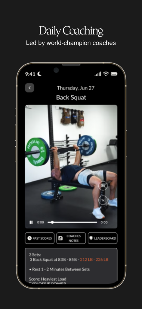 CompTrain app daily coaching screen featuring a workout video and exercise details