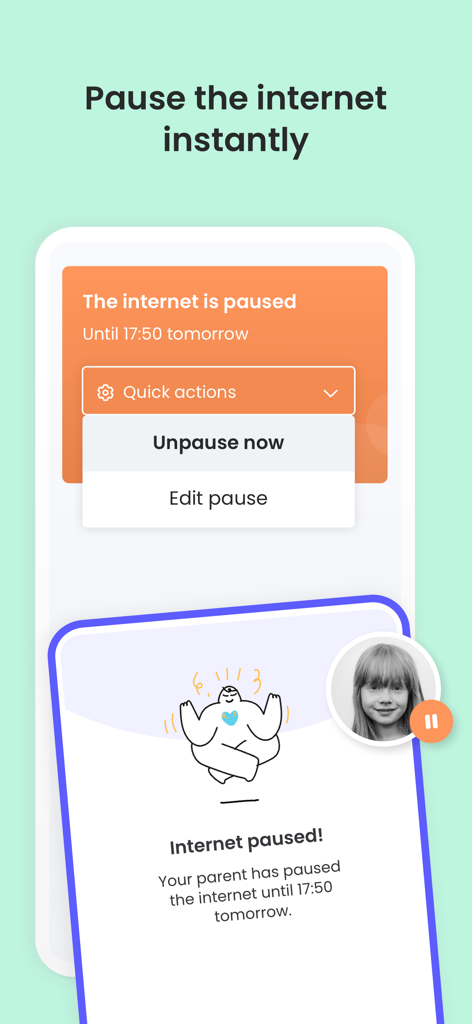 Interface of the Qustodio app showing the feature to instantly pause the internet on a child's device
