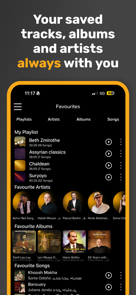Toby.Audio - Toby.Audio app interface showing the Favorites screen with curated Assyrian and Chaldean playlists, artists, and albums.
