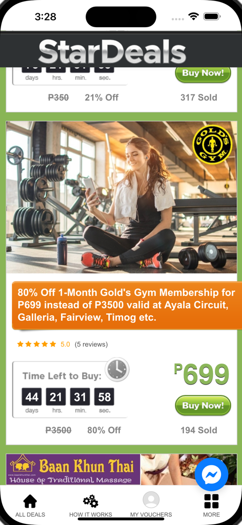 StarDeals app interface showing a gold's gym membership discount with a timer and buy now button