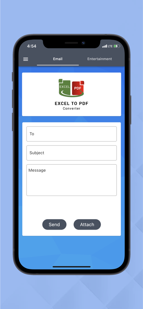 Excel To Pdf Converter - Tela do aplicativo móvel mostrando a interface de e-mail para enviar documentos PDF convertidos com campos para destinatário, assunto e mensagem