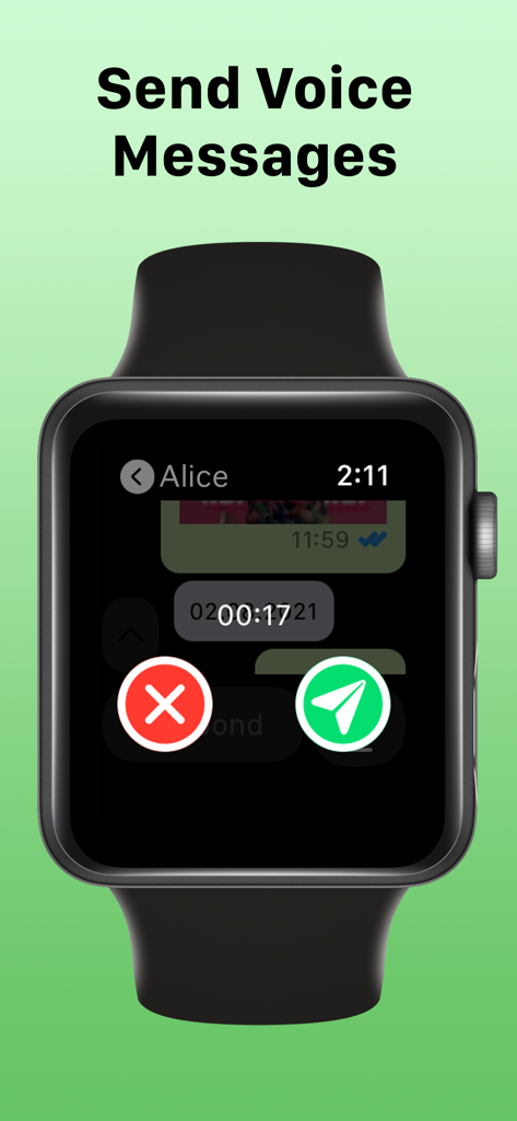 Interface of WatchsApp on Apple Watch showing the send voice messages screen with a recording timer and action buttons
