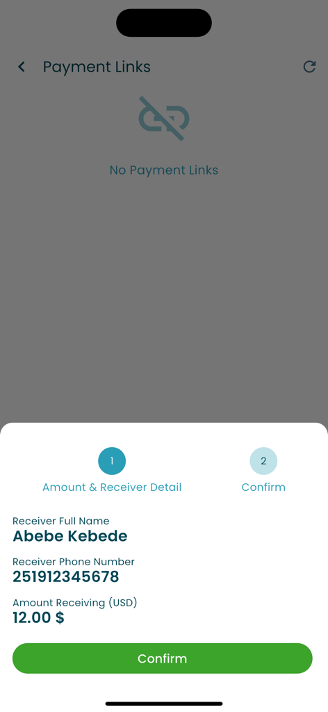 Arif Remit - Arif Remit app interface showing amount and receiver details for an international money transfer to Ethiopia