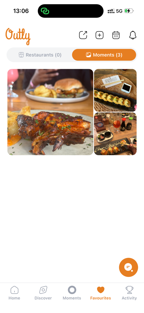 Outly - Outly app Favorites screen displaying a gallery of saved food moments and restaurant photos.