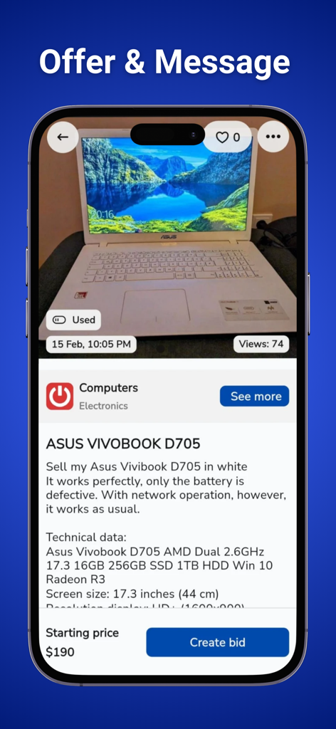 Create Bid 버튼이 있는 Listiy 마켓플레이스 앱의 중고 ASUS 노트북 목록을 보여주는 스마트폰 화면