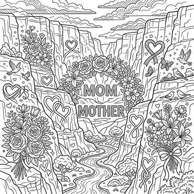 Show Mom your love with this breathtaking Mother's Day coloring page featuring majestic canyon walls. Adorned with beautiful floral arrangements, loving hearts, and natural elements, it's a perfect tribute to her.