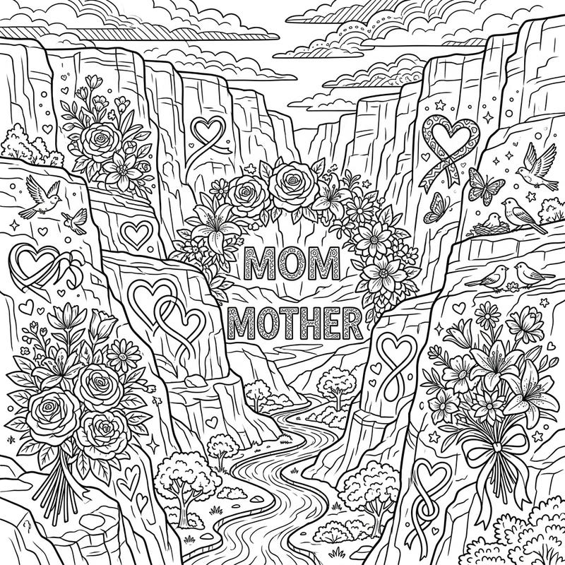 Show Mom your love with this breathtaking Mother's Day coloring page featuring majestic canyon walls. Adorned with beautiful floral arrangements, loving hearts, and natural elements, it's a perfect tribute to her.