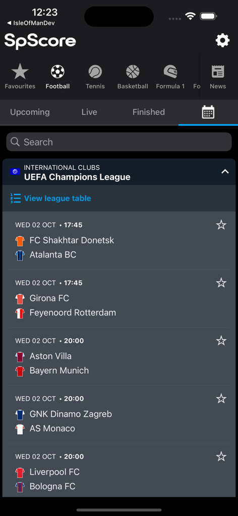 SportPesa Score - App SportPesa Score che mostra le prossime partite di calcio di UEFA Champions League