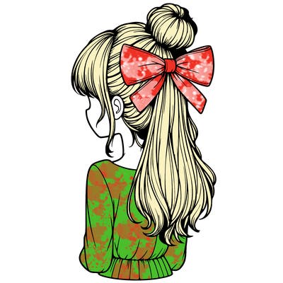 realistic girl  with hip length hair a bun and a big bow on the back of head